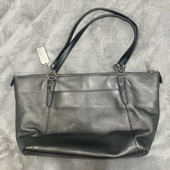 COACH Metallic Gunmetal Silver Pebble Leather Ava Tote with Python Accent - Picture 3 of 7